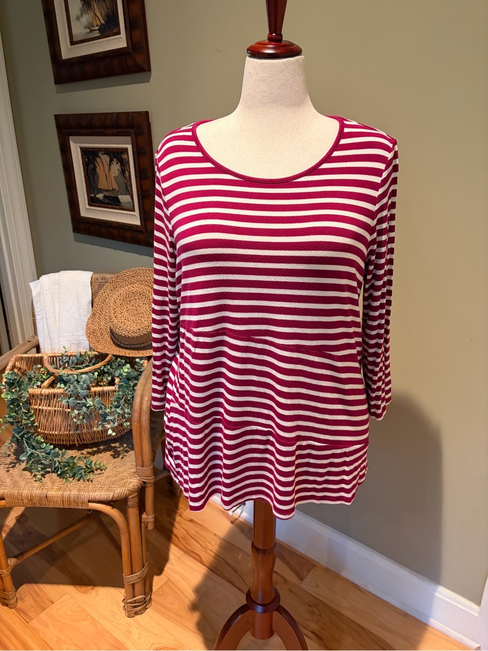 Kim Rogers Berry and White Striped Scoop Neck Knit Tunic; XL